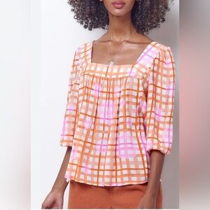 Corey Lynn Calter Pink and Orange Plaid Blouse